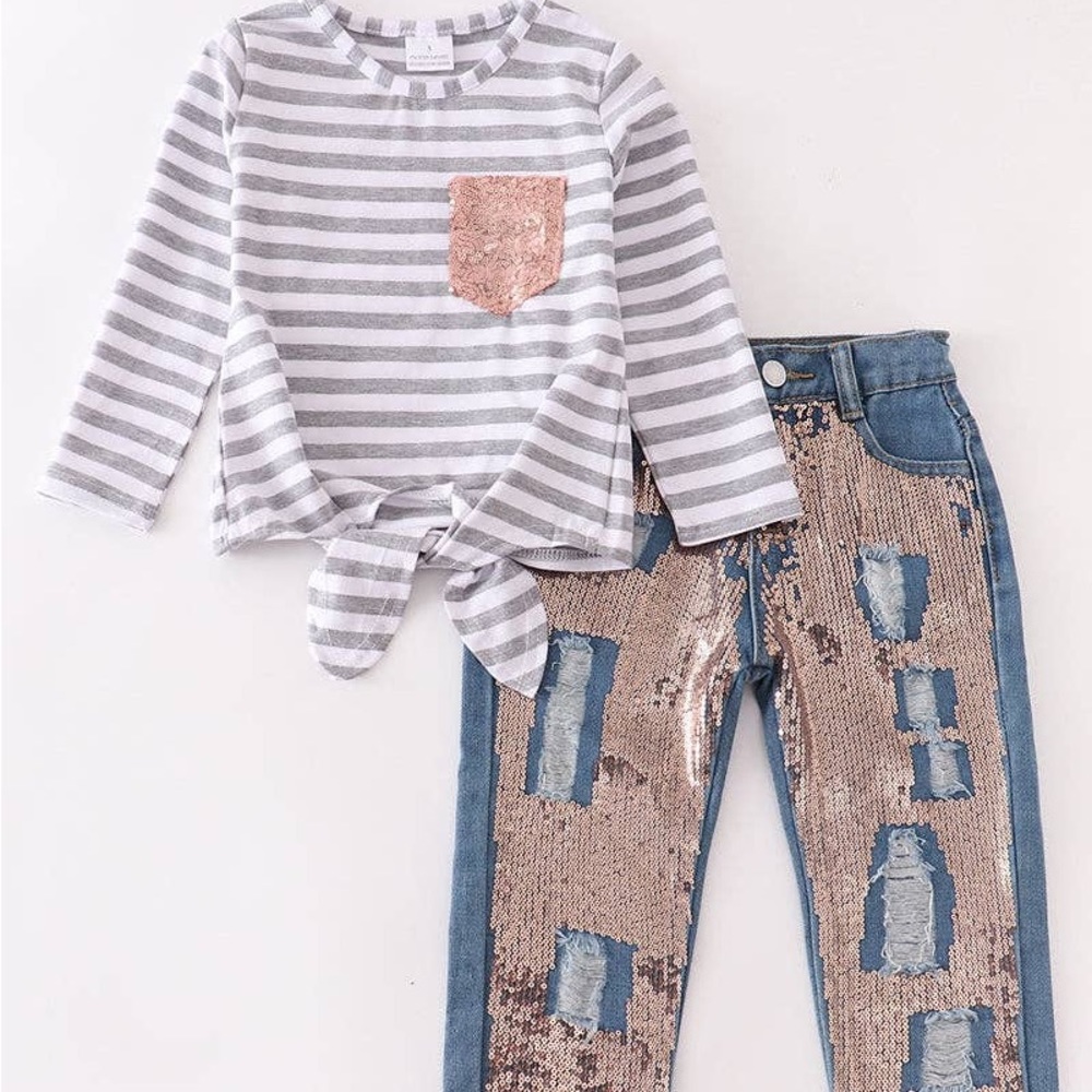 Striped Sequins jean pants set